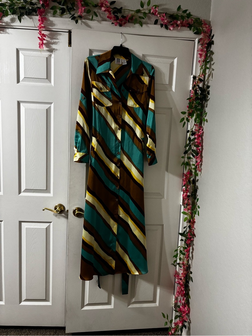 Striped Button-Front Maxi Shirt Dress in Teal and Brown
